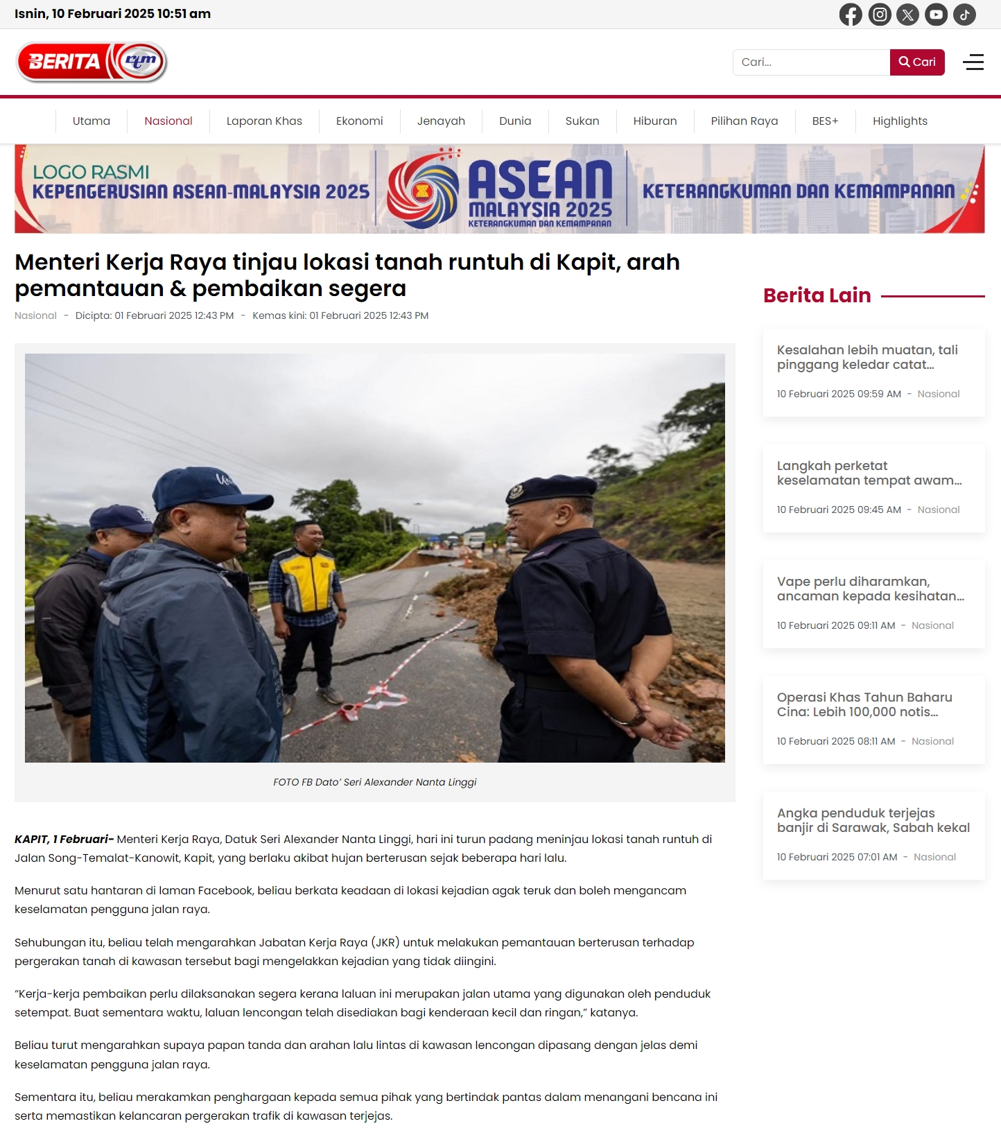 1 Februari 2025, Sarawak - Menteri Kerja Raya tinjau lokasi tanah runtuh di Kapit, arah pemantauan & pembaikan segera (Berita RTM)